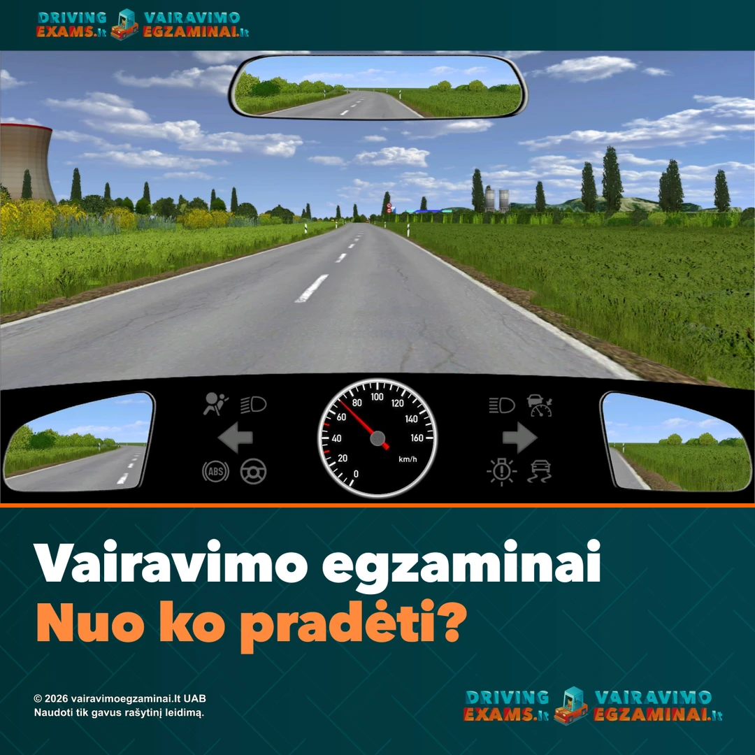 Pasirengimo vairavimo egzaminams viršelis: kelio vaizdas iš vairuotojo vietos ir antraštė „Vairavimo egzaminai. Nuo ko pradėti?“.