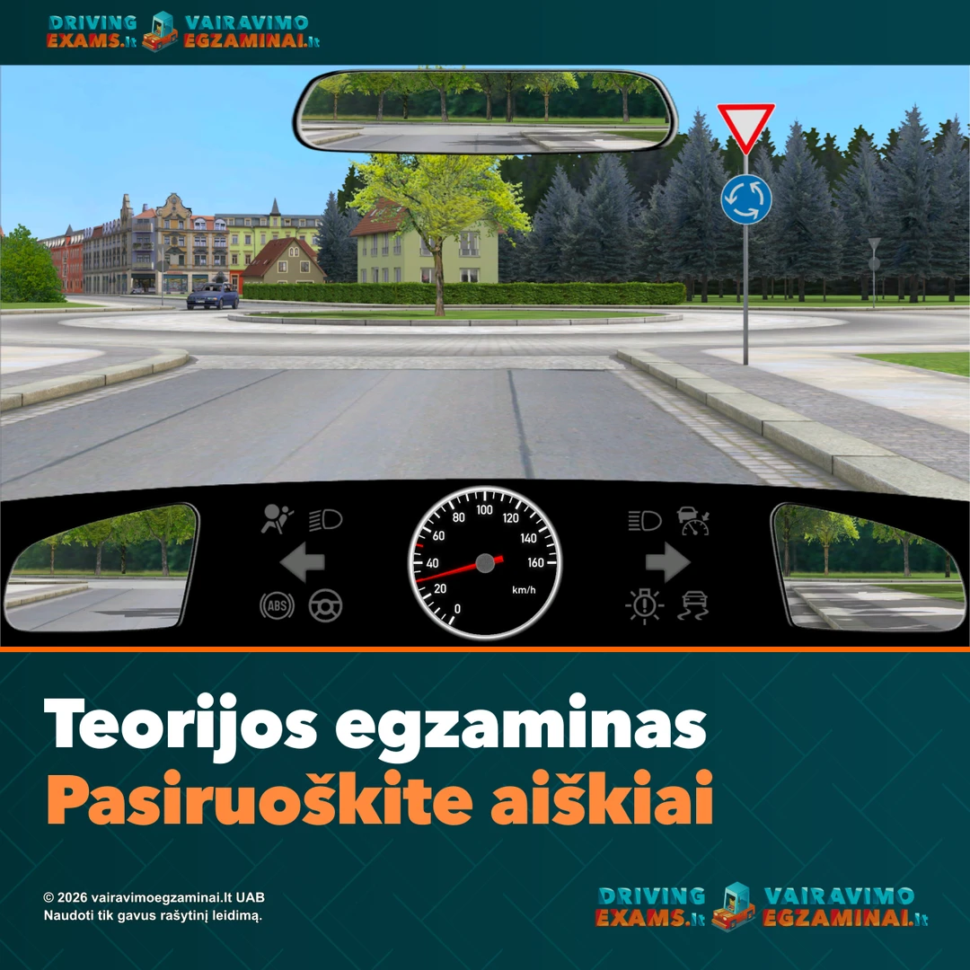 Teorijos egzamino pasirengimo viršelis: žiedinės sankryžos prieigos vaizdas iš vairuotojo vietos, kelio ženklai ir puslapio antraštė.