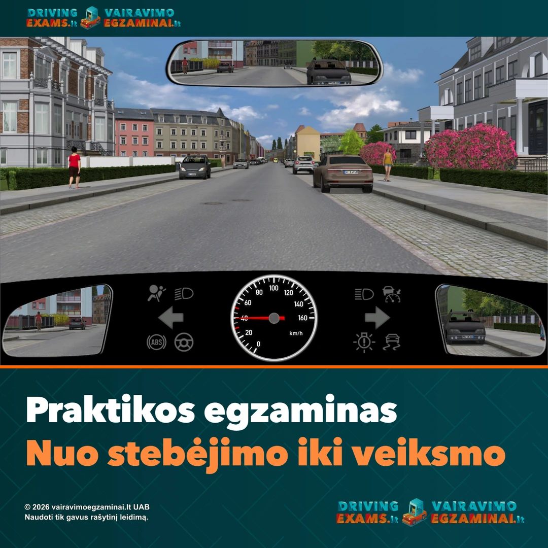 Pasirengimo praktikos egzaminui viršelis: miesto gatvė ir stovintys automobiliai, matomi iš vairuotojo vietos.