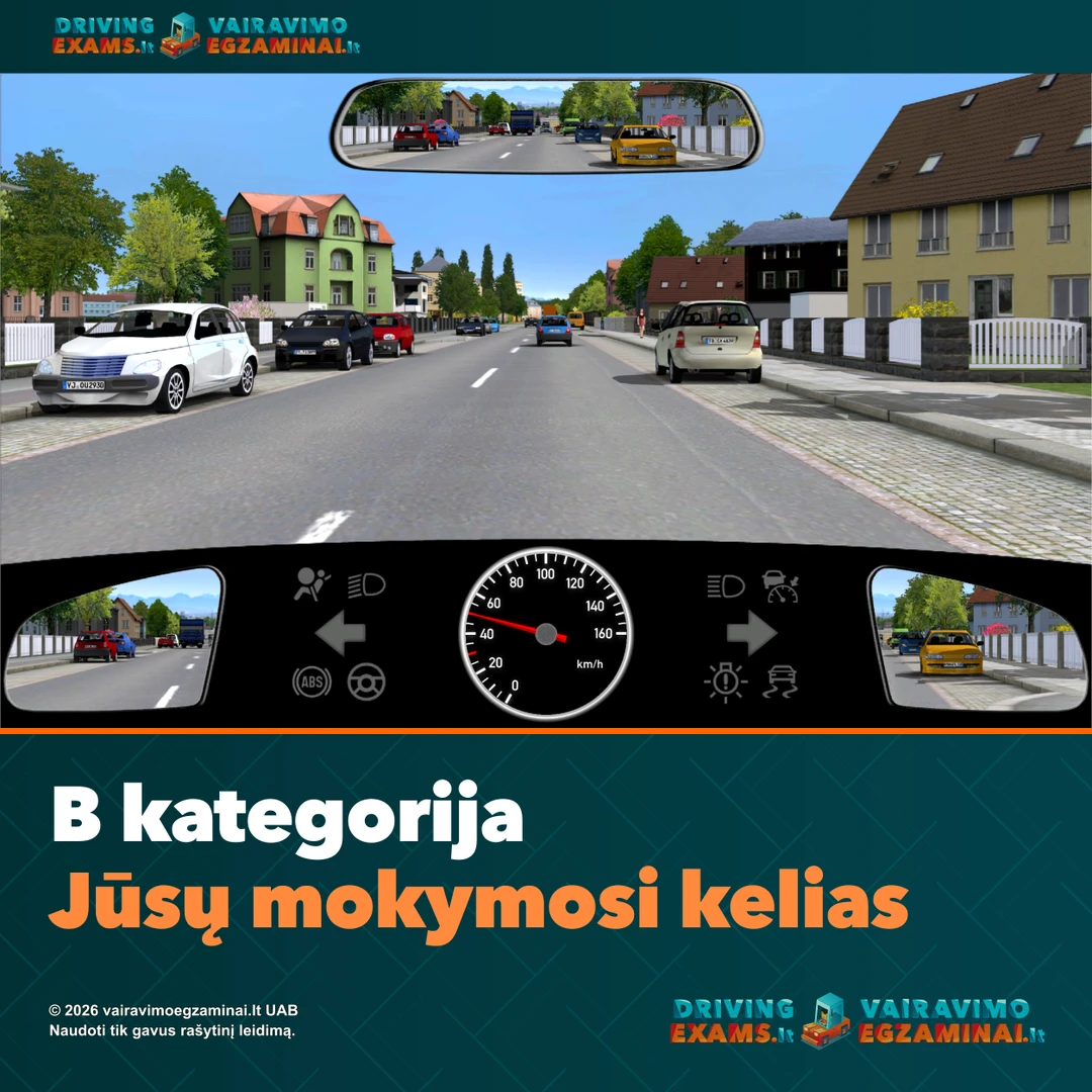 B kategorijos mokymosi gido viršelis: miesto gatvės ir automobilio prietaisų vaizdas iš vairuotojo vietos, šalia firminė antraštė.
