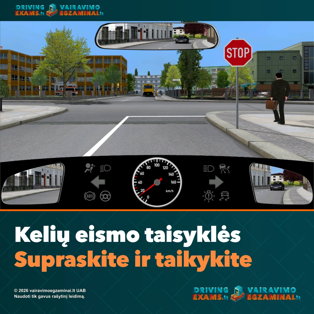 Kelių eismo taisyklių gido viršelis: sankryža su STOP ženklu ir pėsčiųjų perėja, matoma iš vairuotojo vietos.