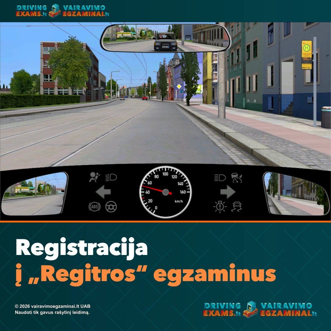 Registracijos į „Regitros“ egzaminus gido viršelis: miesto gatvės vaizdas iš vairuotojo vietos ir aiški puslapio antraštė.