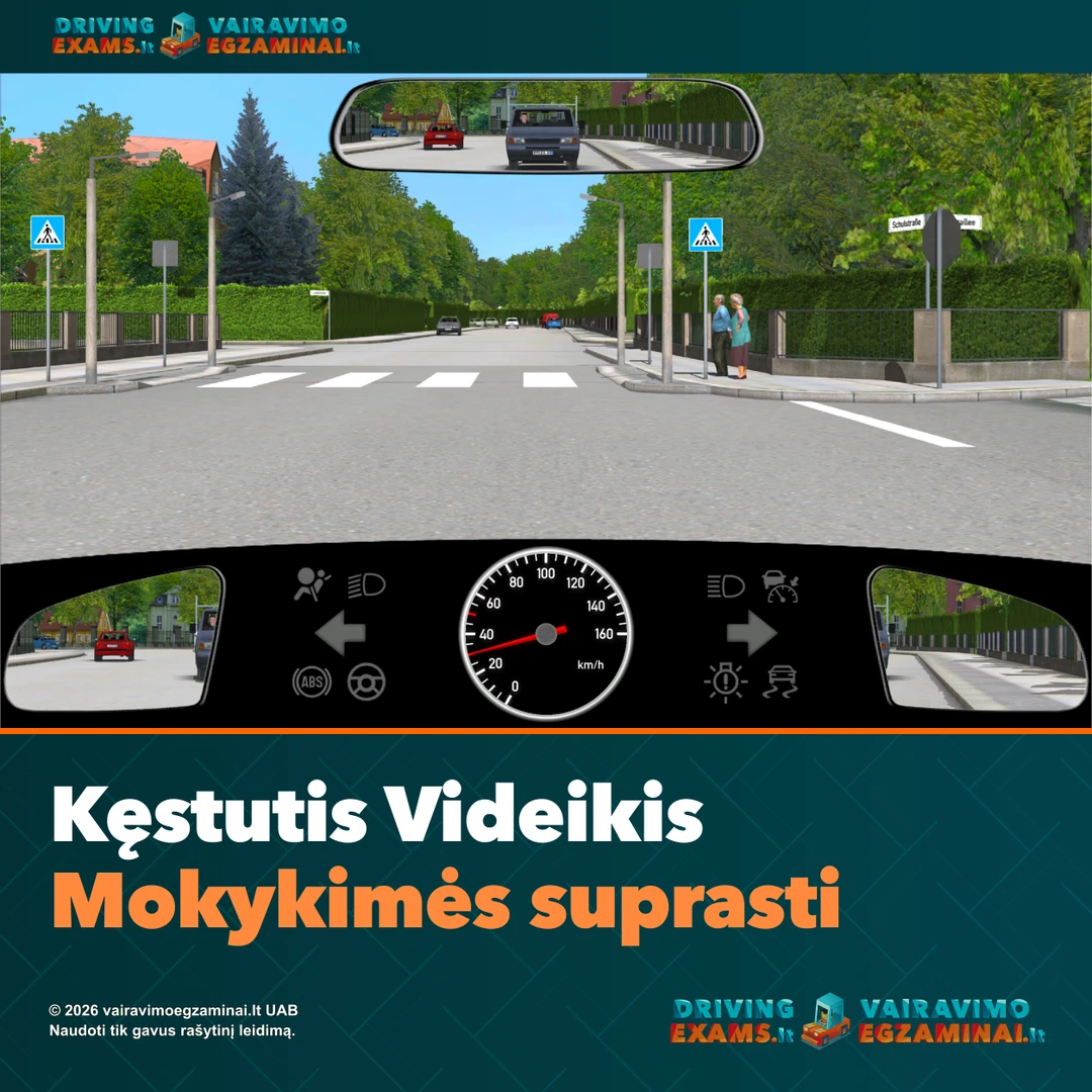 Kęstučio Videikio mokymo pristatymo viršelis: kelio ir pėsčiųjų perėjos iliustracija iš vairuotojo vietos, mokytojo vardas ir firminiai logotipai. Portreto nėra.