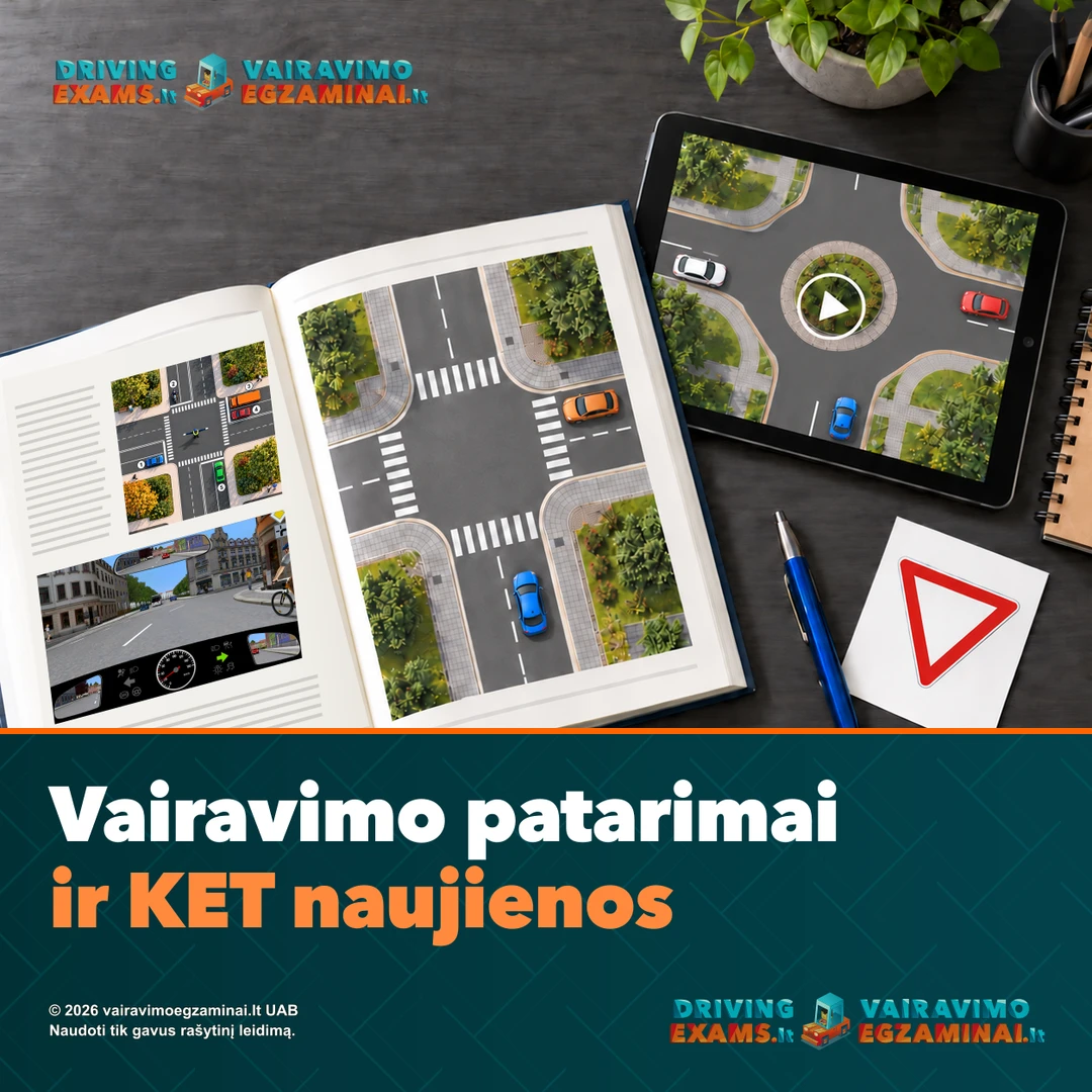 Vairavimo patarimai ir KET naujienos: knyga su reguliuotojo schema ir vaizdu iš vairuotojo vietos, šalia – planšetė su žiedine sankryža.
