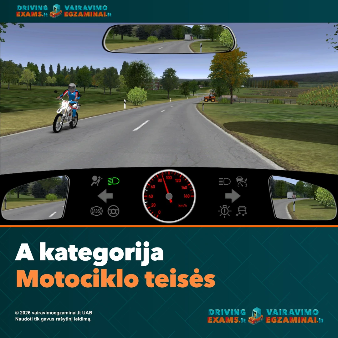A kategorijos motociklo teisių gido viršelis: motociklininkas užmiesčio kelyje, matomas iš automobilio vairuotojo vietos, ir firminė antraštė.
