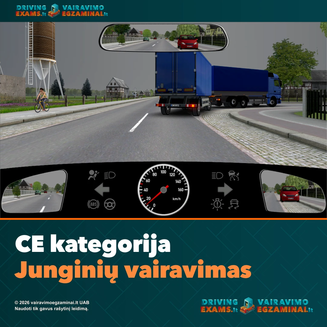 CE kategorijos junginių vairavimo gido viršelis: mėlynas sunkvežimis su priekaba suka miesto sankryžoje, matomas iš vairuotojo vietos.