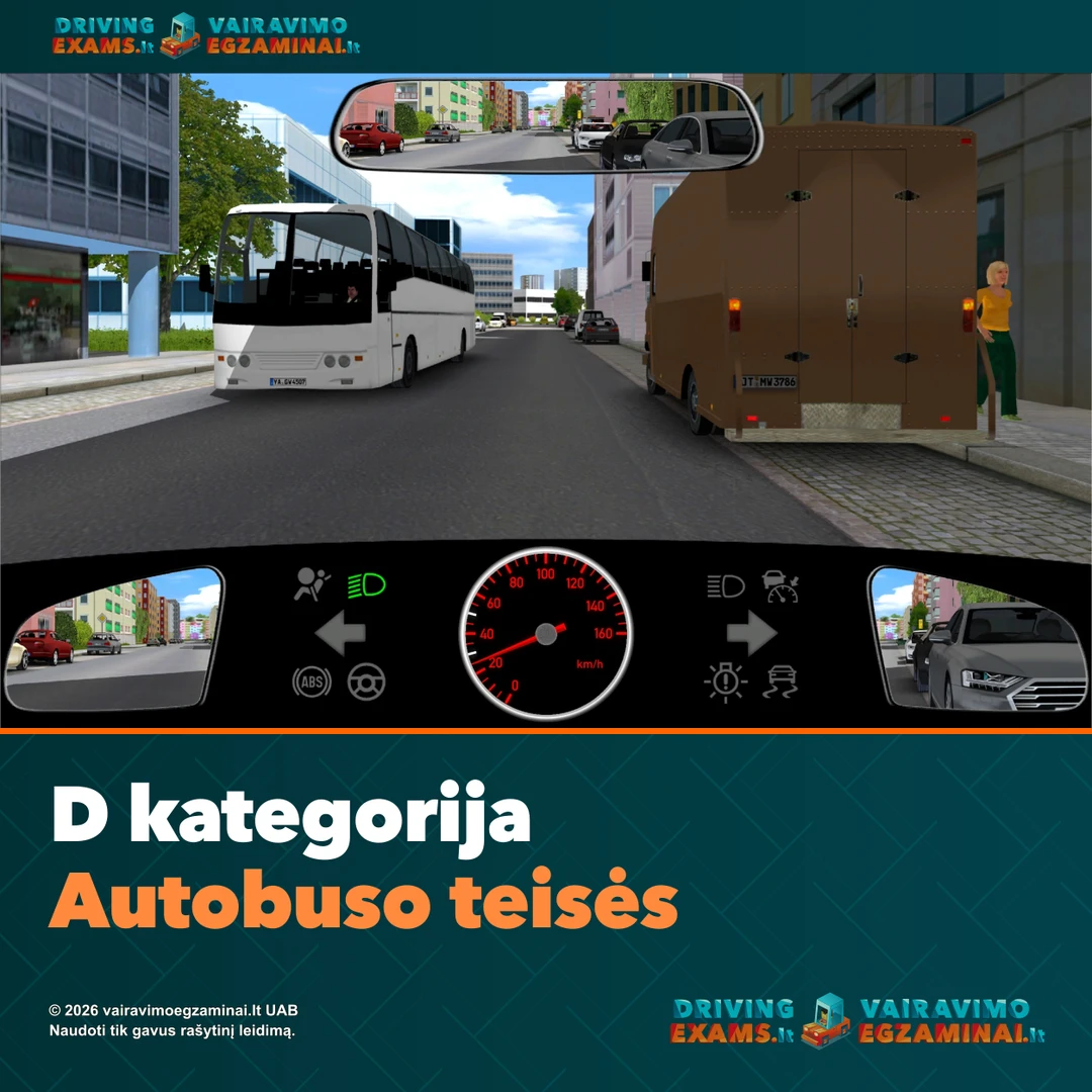 D kategorijos autobuso teisių gido viršelis: baltas keleivinis autobusas miesto gatvėje, matomas iš vairuotojo vietos, ir firminė antraštė.