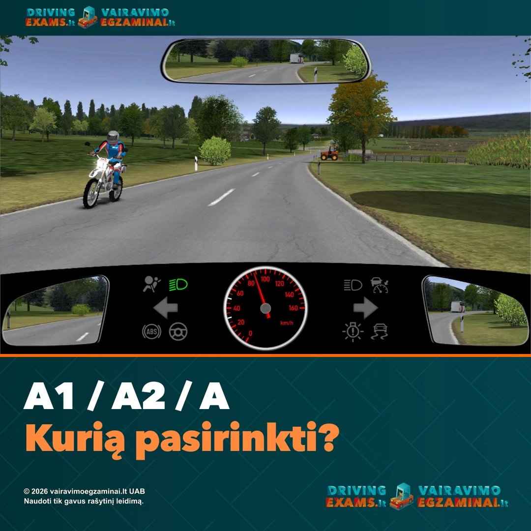 A1, A2 ir A kategorijų palyginimo viršelis: motociklininkas užmiesčio kelyje ir firminė antraštė „Kurią pasirinkti?“.