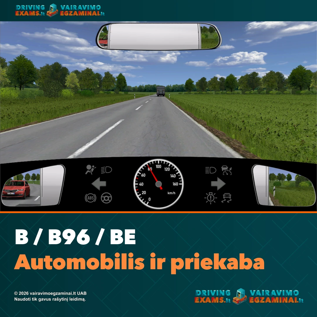 B, B96 ir BE palyginimo viršelis: automobilio su gyvenamąja priekaba vairuotojo vaizdas, priekaba matoma veidrodžiuose, ir firminė antraštė.