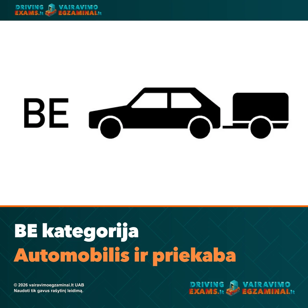 BE kategorijos automobilio ir priekabos simbolis firminiame mokymosi puslapio viršelyje.