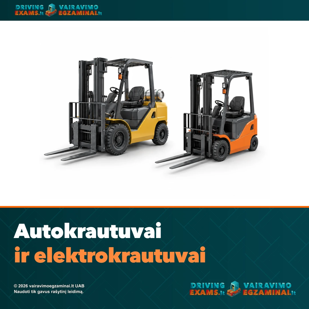 Du šakiniai krautuvai autokrautuvų ir elektrokrautuvų mokymosi puslapio viršelyje.