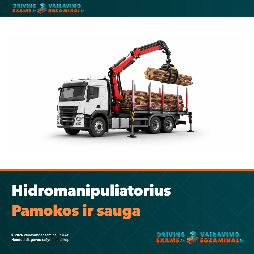 Sunkvežimis su hidromanipuliatoriumi kelia medienos krovinį; firminis pamokų ir saugos viršelis.